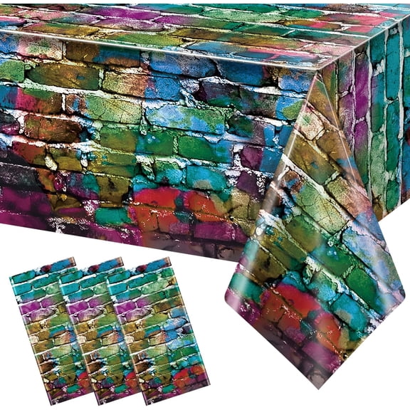 3 Pack Colorful Brick Tablecloth Rectangle, Graffiti Brick Wall Backdrop Photo Background, Plastic Retro Brick Table Cover, Brick Wall Scene for 80s 90s Hip Hop Disco Party Decorations, 54x108Inch