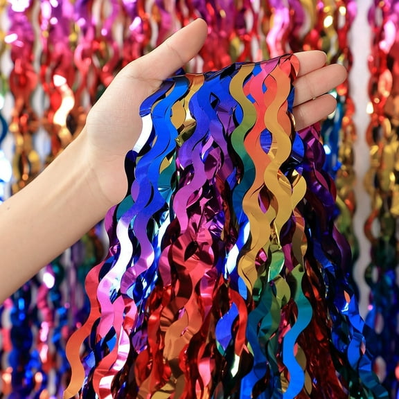3 Pack Colorful Foil Fringe Curtain Backdrop - 6.6 x 3.3 ft Wavy Rainbow Tinsel Metallic Streamers Iridescent Holiday Photo Booth Party Decorations