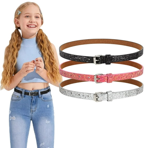 3 Pack Glitter Girls Belt Colorful Kids Skinny Belts for Jeans Dress
