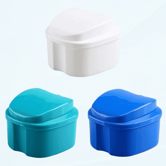 3 Pack Colors Denture Bath Case Cup Box Holder Storage Soak Container with Strainer Basket for Travel Cleaning (White, Blue, Light Blue)