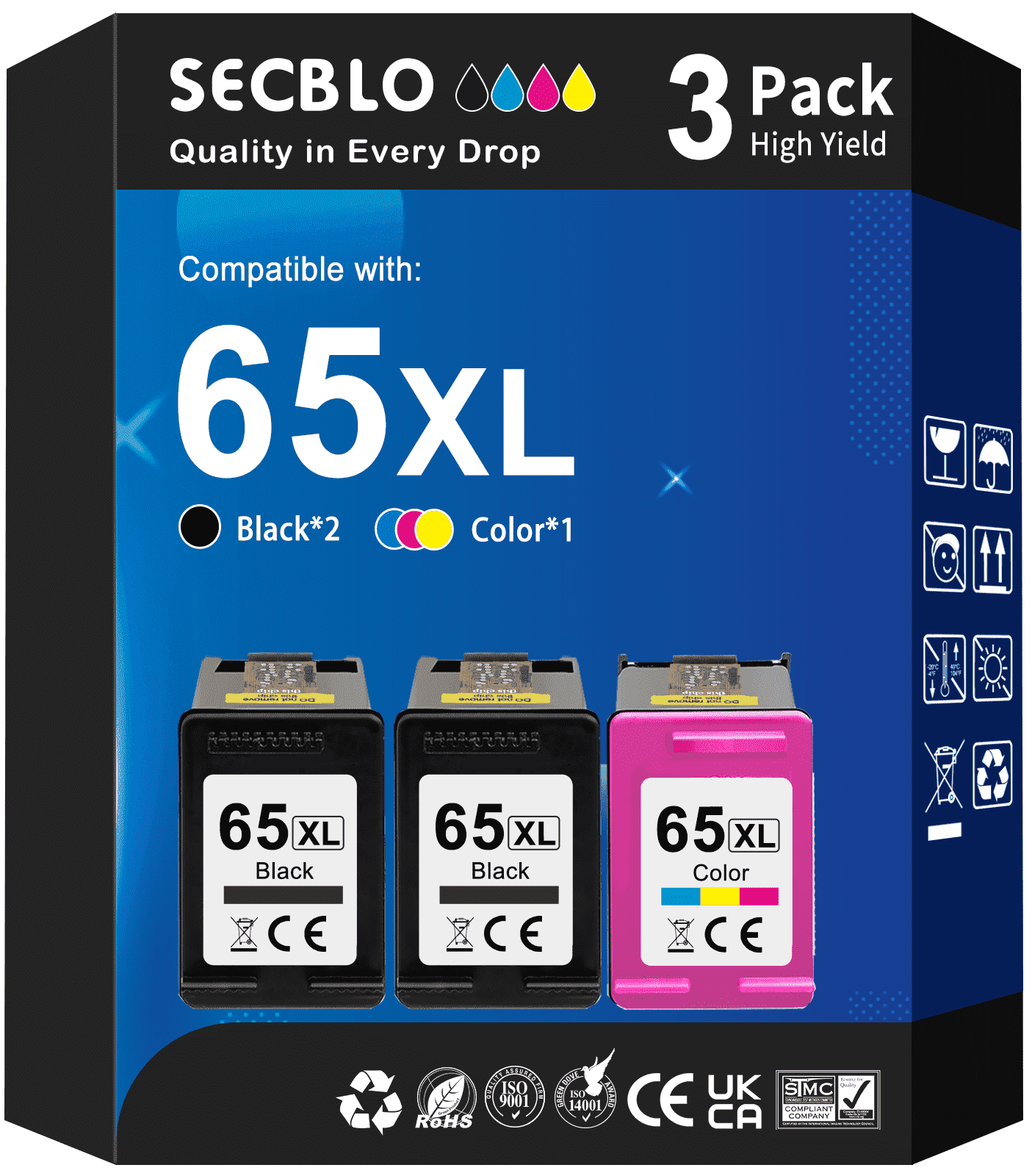 65 Ink Cartridge Compatible for HP 65XL Ink for Printer Ink 65 (3 Pack)