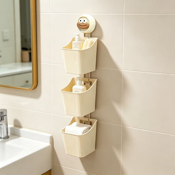 3 Pack Connectable Plastic Suction Cup Baskets, Stack & Lock Wall Mount Onion Garlic Ginger Holders, No Drill Storage