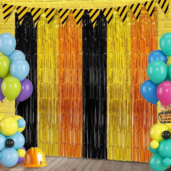 3 Pack Construction Foil Fringe Curtains Backdrop, 3.28 x 6.56 Ft Yellow Orange Black Tinsel Streamers Photo Booth Props for Truck Theme Birthday Party Decorations Supplies