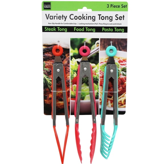 3 Pack Cooking Tong Set with Locking Mechanism, Non Slip Handles, Color Coded Kitchen Tongs for Steak, Pasta and General Food Preparation, 10.25 Inch Utensils for Everyday Cooking, Multicolor