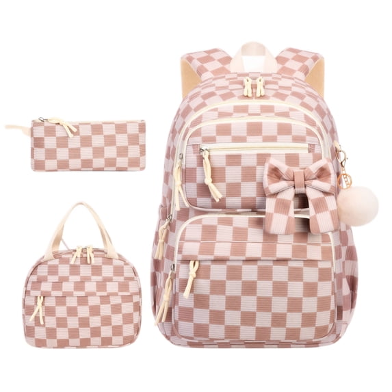 3 Pack Corduroy Texture Checkered Backpack Combo Cute Bow Daypack With Lunch Tote Pencil Bag Large Storage School Travel Laptop Backpack
