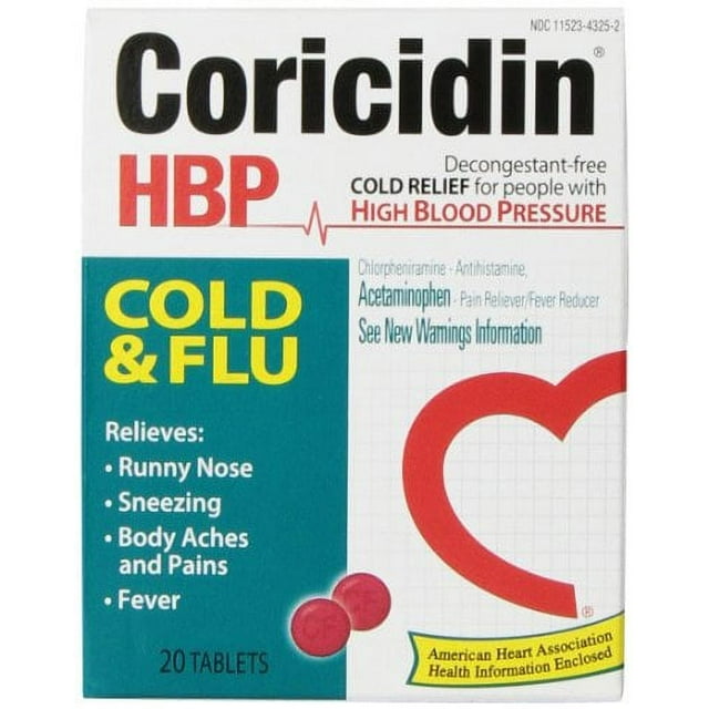 3 Pack - Coricidin HBP Cold - Flu Tablets, 20 Each