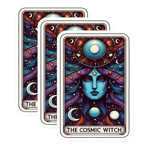 (3 Pack) Cosmic Witch Decals - Tarot Card Sticker - Celestial Laptop Decals - 3 Inches On Longest Side - Easy Peel & Apply - Made in USA - 3MCS4138