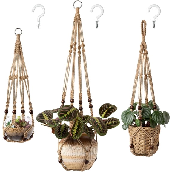 3 Pack Cotton Rope Macrame Hanging Planters, Multi-Size Indoor Hanging Flower Holders with Beads & No Tassels, 35/29/23 Inches, Medium, Brown