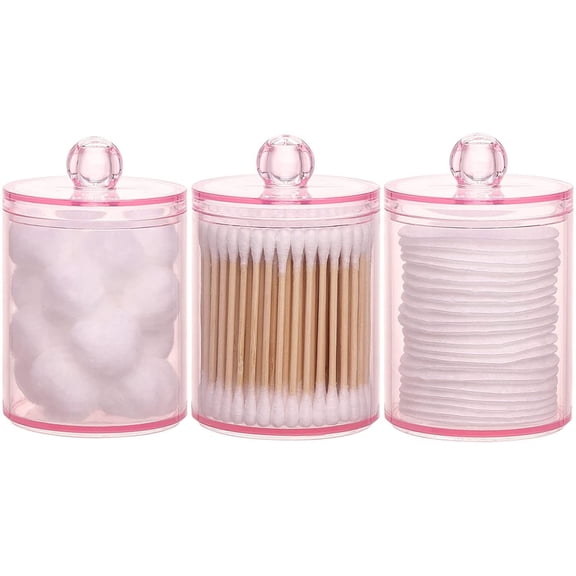 3 Pack Cotton Swab Ball Pad Holder, 10 Oz Qtip Apothecary Jar Pink Makeup Organizer, Bathroom Containers Dispenser
