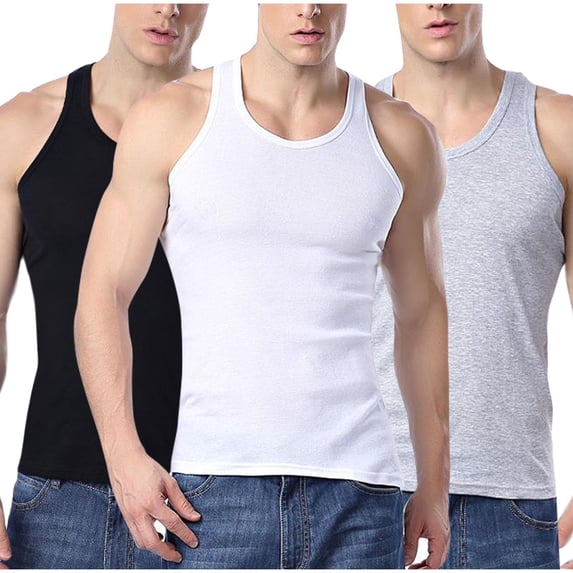 3 Pack Cotton Tank Tops for Men Crew Neck Sleeveless Basic Cami Shirt Soft Stretchy Lounge Undershirts for Gym Workout