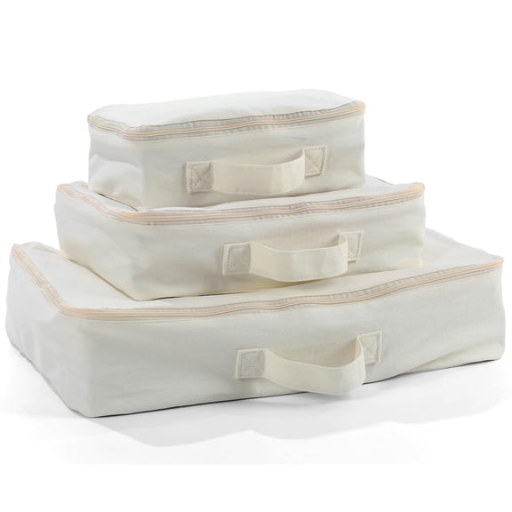 3 Pack Cotton Travel Packing Cubes with Handles, Beige, Regular Styles