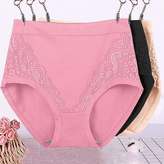 3 Pack Cotton-Underwear for Women Plus Size XL-6X Lace Splice High Waisted Panties Solid Soft Stretchy Full-Coverage Leakproof Period Briefs