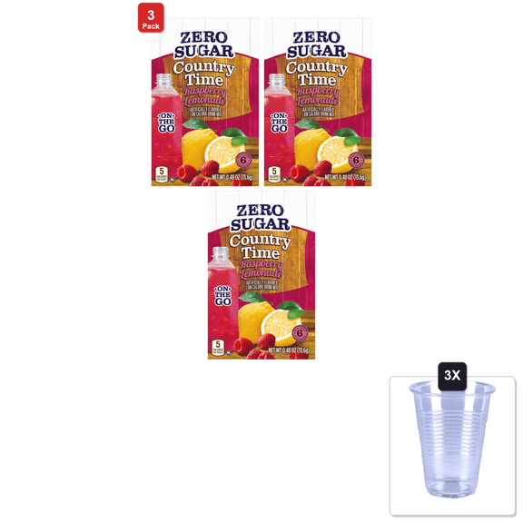 3 Pack | Country Time Sugar-Free Raspberry Lemonade On-The-Go Powdered Drink Mix 72 Count & 3x 16oz Plastic Cup with Strawless Sip-Lid