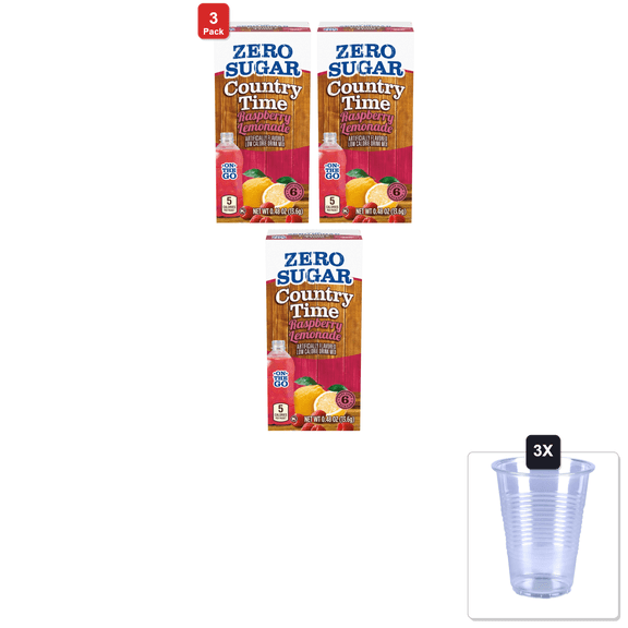 3 Pack | Country Time Zero Sugar Raspberry Lemonade Powdered Drink Mix, 6 Ct On-The-Go Packets, 8 Per Case & 3x 16oz Plastic Cup with Strawless Sip-Lid