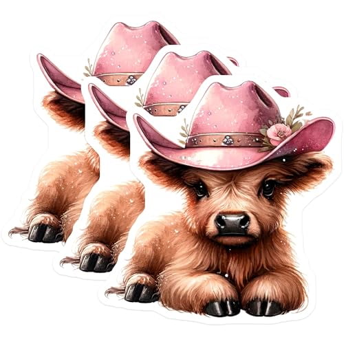 (3 Pack) Cowgirl Cow Decals - Pink Hat Cow - Farm Animal Decor - 3 Inches On Longest Side - Easy Peel & Apply - Made in USA - 3MCS2389