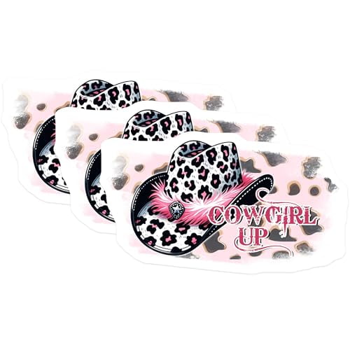 (3 Pack) Cowgirl Up Decals - Leopard Print Cowboy Hat - Western Laptop Decals - 3 Inches On Longest Side - Easy Peel & Apply - Made in USA - 3MCS1927