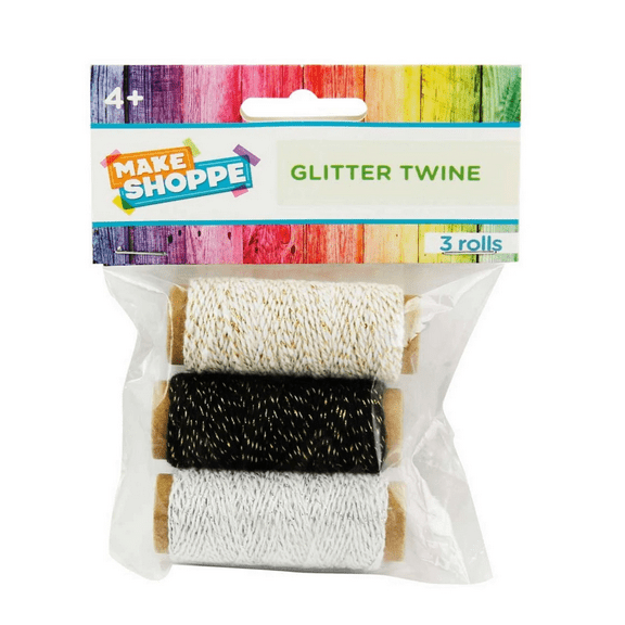 3 Pack Craft Twine Set, Glitter String on Sturdy Spools, Easy to Use, No Tangle, Adds Elegant Touch to Gift Wrapping, DIY Crafts, Party Decorations, Holiday Projects, Black, White, Gold