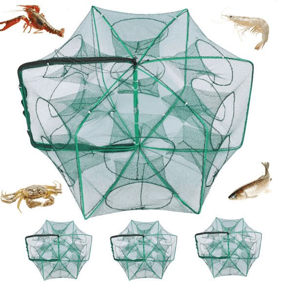 3Pack Crawfish Traps, 12-Hole Fishing Trap, Cylindrical Hexagon Crab Trap, Green Foldable Fishing Net, Fishing Accessories for Small Fish Shrimp Crab Crawfish (23.6 x 13.8 in)