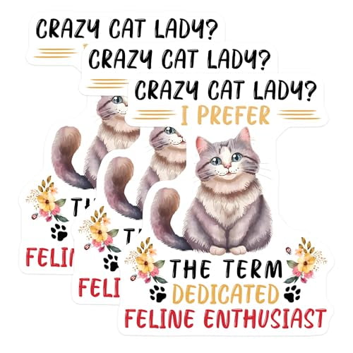 (3 Pack) Crazy Cat Lady Decals - Dedicated Feline Enthusiast - Laptop Decal - 3 Inches On Longest Side - Easy Peel & Apply - Made in USA - 3MCS6492