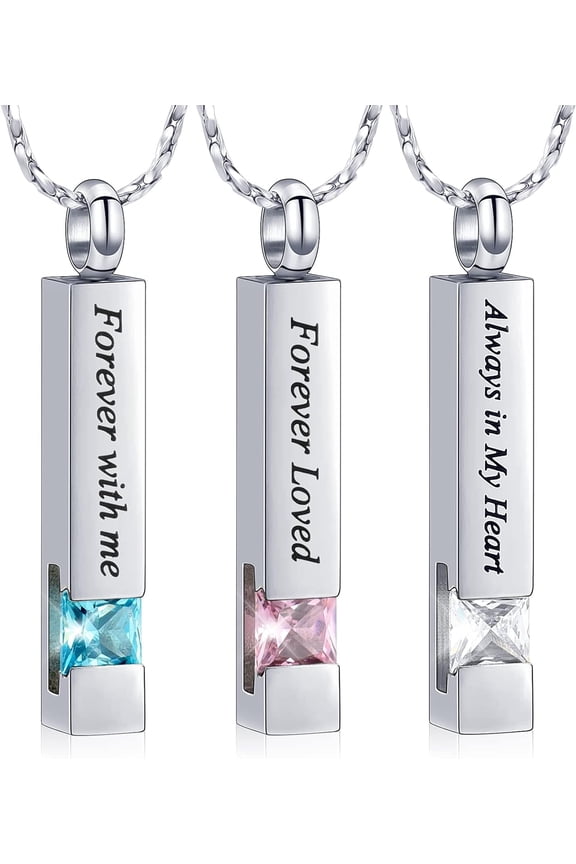 3 Pack Cremation Jewelry Birthstone Cube Urn Necklace for Ashes, Hollow Crystal Bar Urn Pendant for Human Pet Ashes, Keepsake Ash Jewelry for Women Men