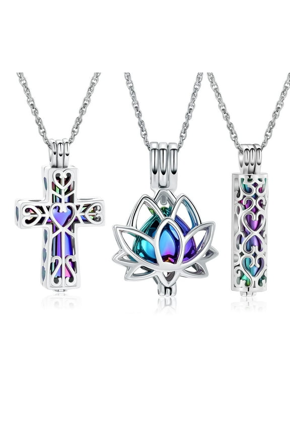3 Pack Cremation Urn Necklace for Ashes for Women Men Heart Lotus Cross Cylinder Cremation Jewelry for Ashes Loved One Memorial Keepsake Pendant