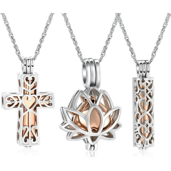 3 Pack Cremation Urn Necklace for Ashes for Women Men Heart Lotus Cross Cylinder Cremation Jewelry for Ashes Loved One Memorial Keepsake Pendant