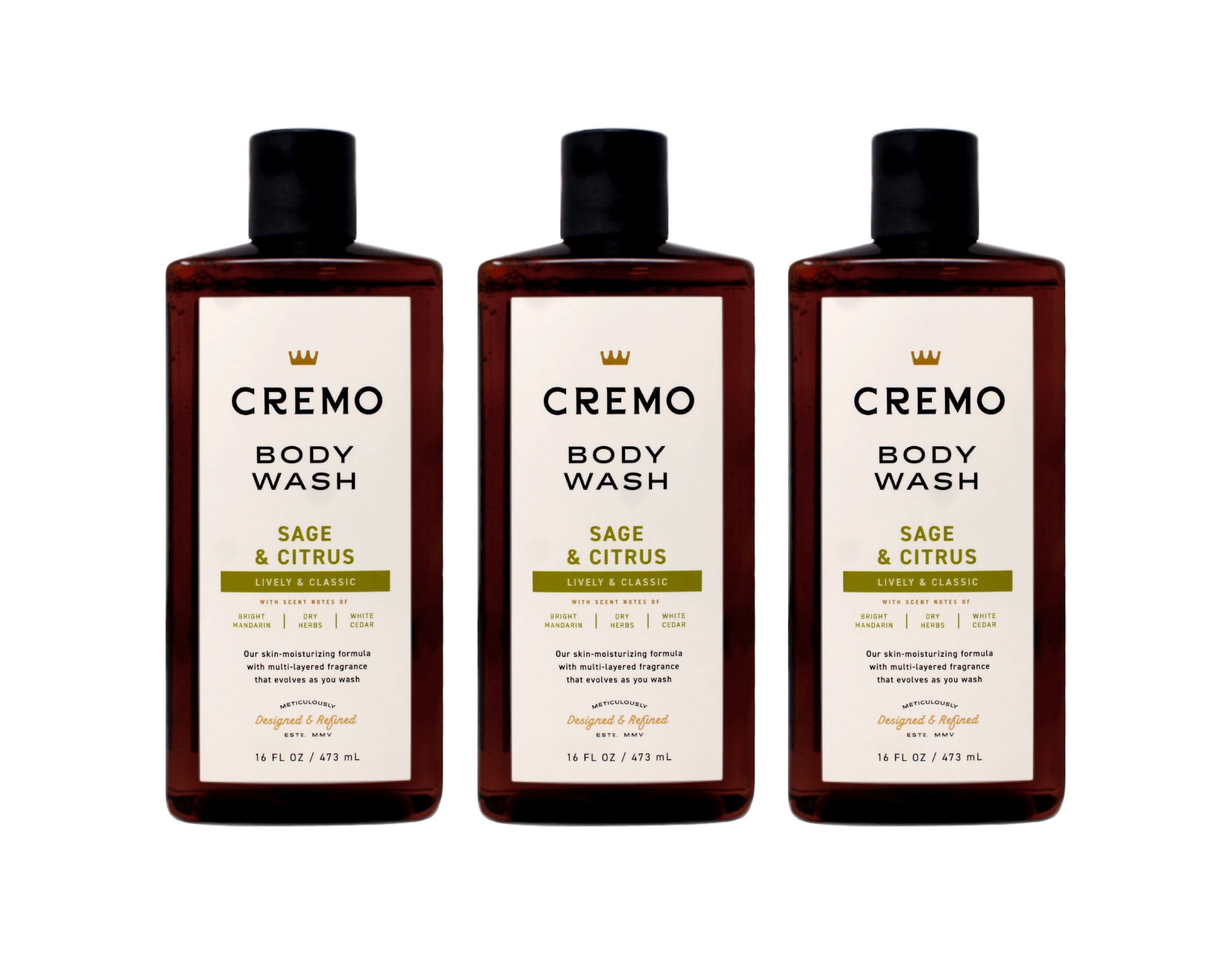 3 Pack - Cremo Body Wash for Men, Sage & Citrus – Bright Mandarin, Dry Herbs & White Cedar, 16 Fl Oz