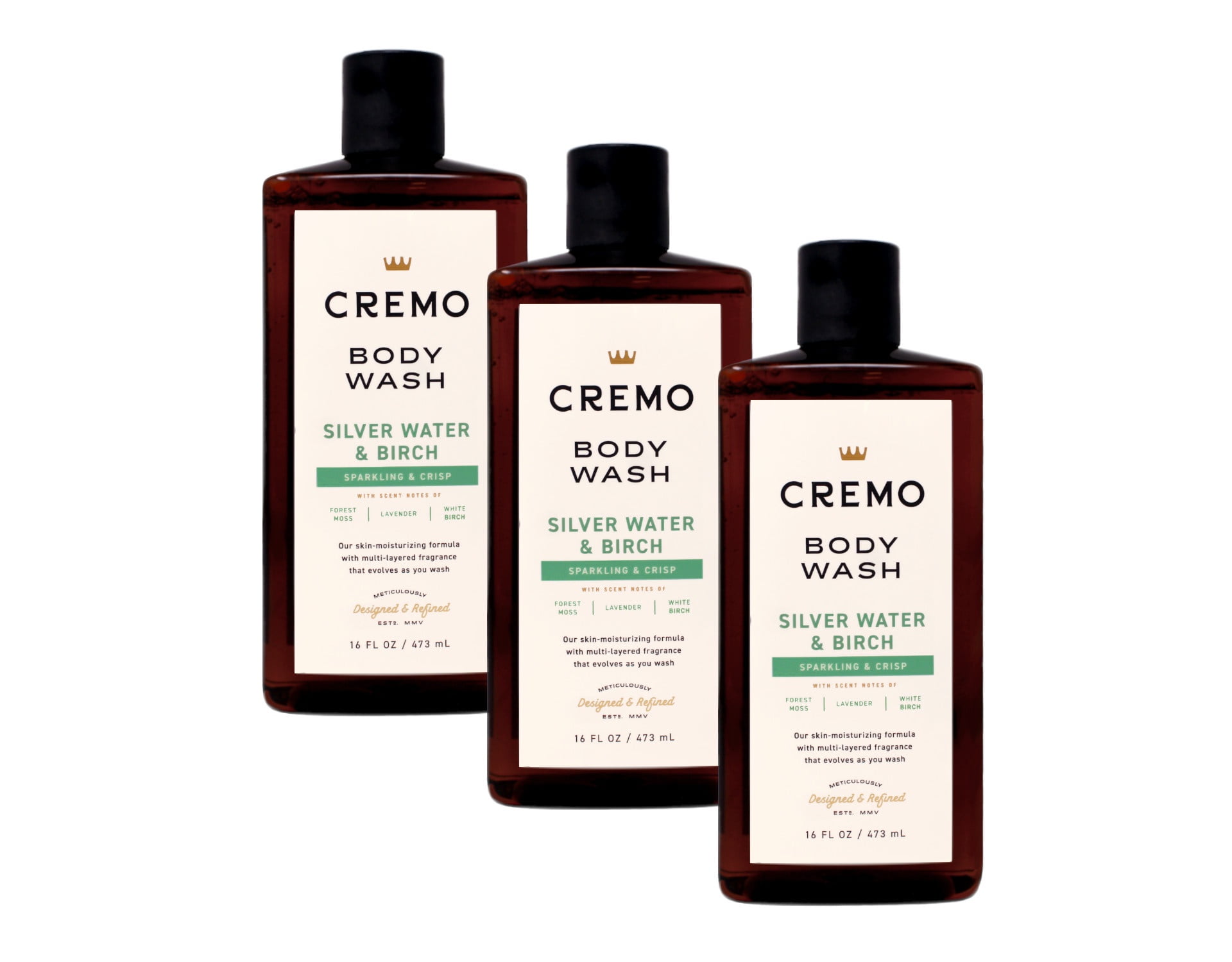 3 Pack - Cremo Body Wash for Men, Silver Water & Birch, Sparkling & Crisp, 16 Fl Oz