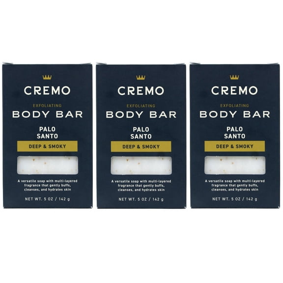 3 Pack - Cremo Exfoliating Body Bar for Men, Palo Santo Scent, Deep & Smoky, Cleanses and Hydrates Skin, 5 Oz