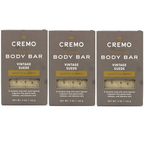 3 Pack - Cremo Vintage Suede Exfoliating Body Bar for Men, Multi-Layered Fragrance, Cleanses and Hydrates Skin, Smooth & Amber, 5 OZ