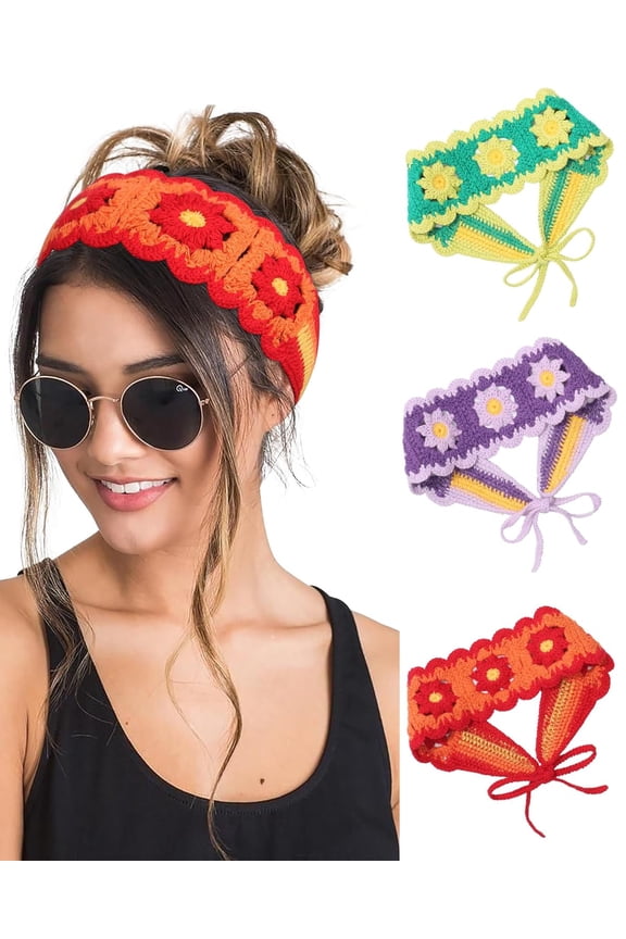 3 Pack Crochet Floral Headbands for Women Boho Knit Hair Bands, Daisy Bandana Head Wraps With Tie Back, Hippie Style Accessories for Girls