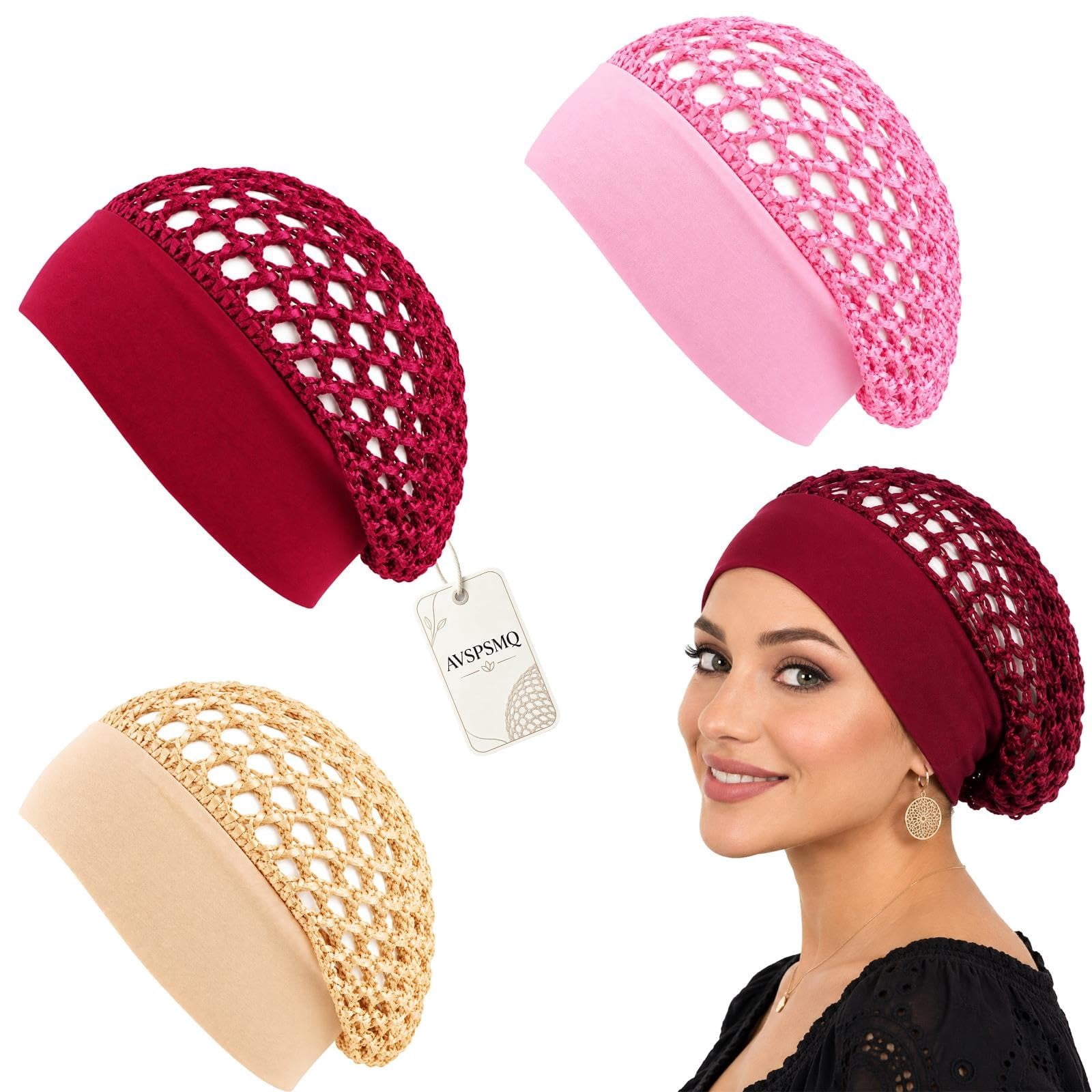 3 Pack Crochet Hair Net Bonnet for Women Wide Elastic Band Sleeping Cap ...