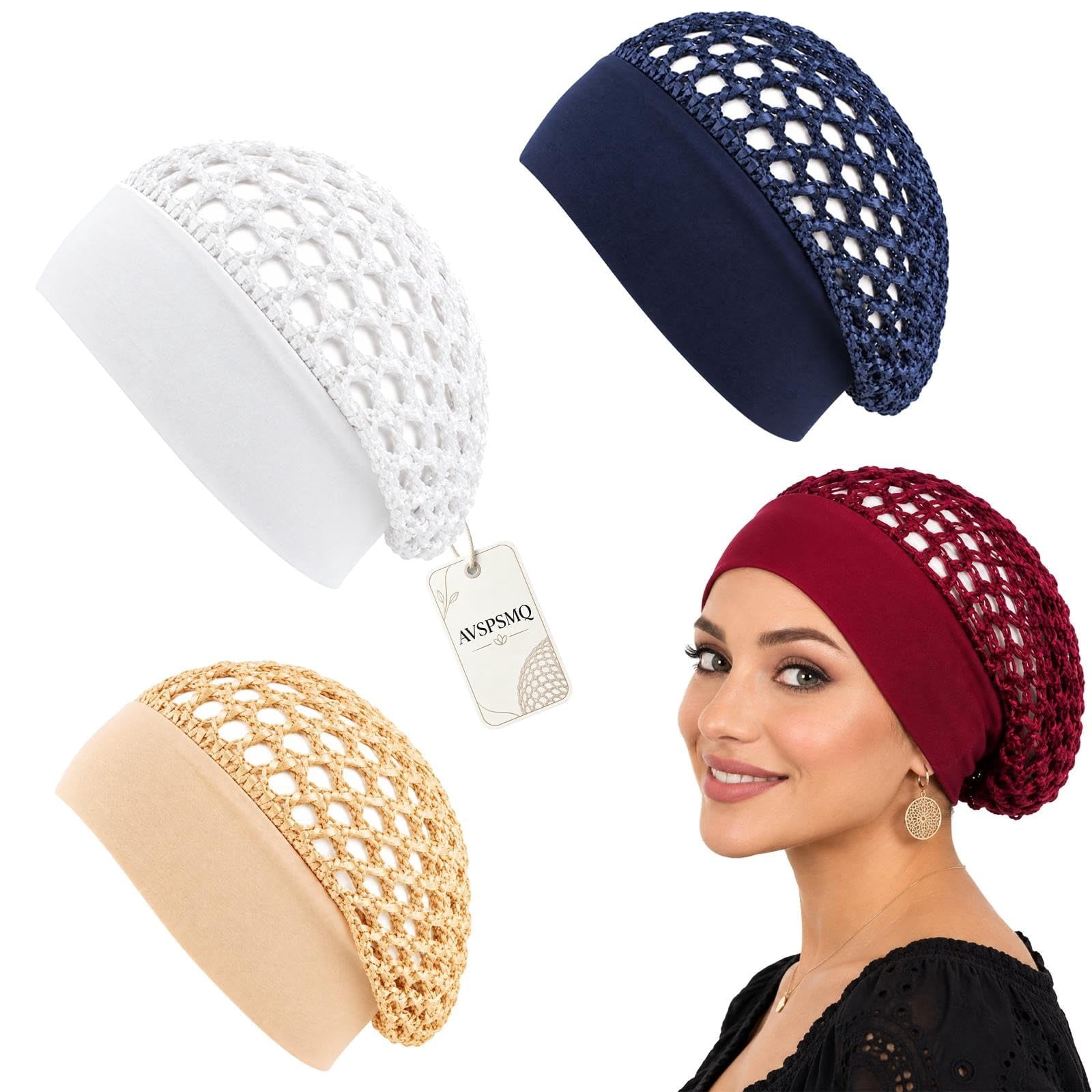 3 Pack Crochet Hair Net Bonnet for Women Wide Elastic Band Sleeping Cap ...