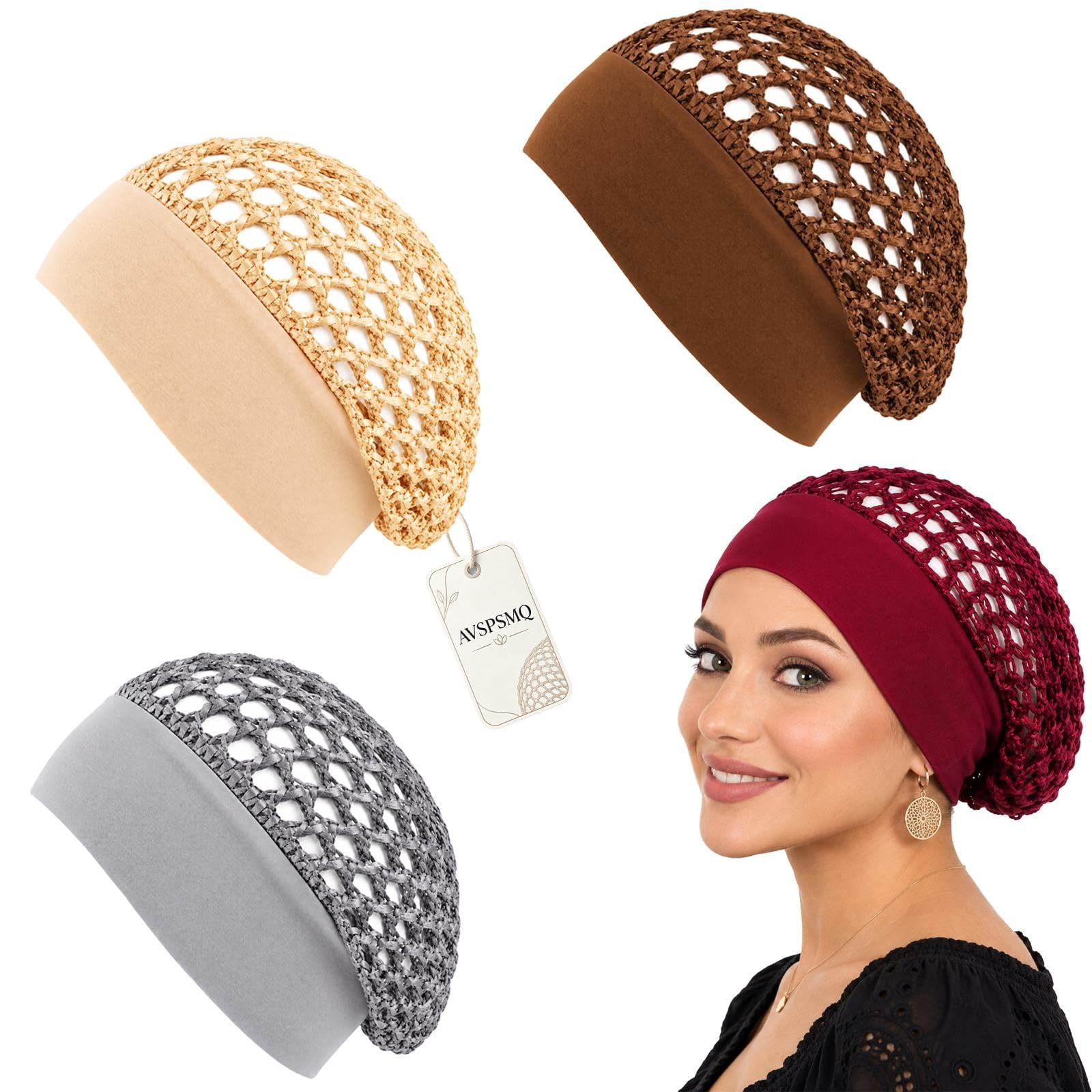 3 Pack Crochet Hair Net Bonnet for Women Wide Elastic Band Sleeping Cap ...