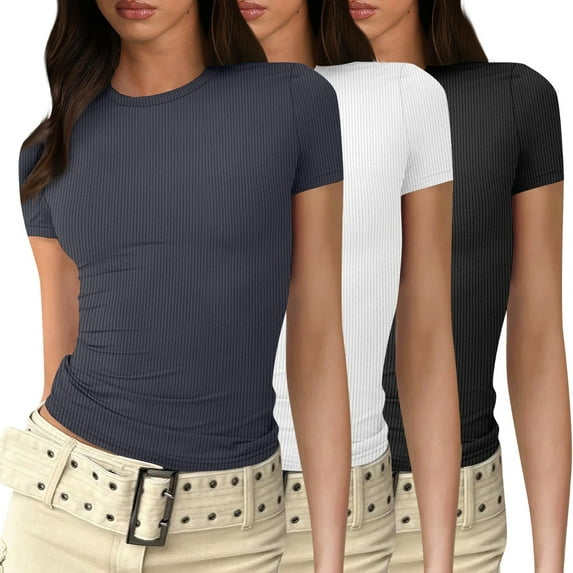 3 Pack Crop Tops For Women Sleeves Athletic Trendy Slim Fitted Basic Tee Layering Workout Thermal Teen Girls Tops Cute Crew Neck Juniors Y2k Tight Shirt Dark Gray S