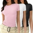 thumbnail image 1 of 3 Pack Cropped Short Sleeve Tops For Women Slim Fitted Athletic Workout Layering Tops Teen Girls Cute Juniors Thermal Basic Tee Fashion Crew Neck Y2k Tight Shirt Pink XXL, 1 of 6