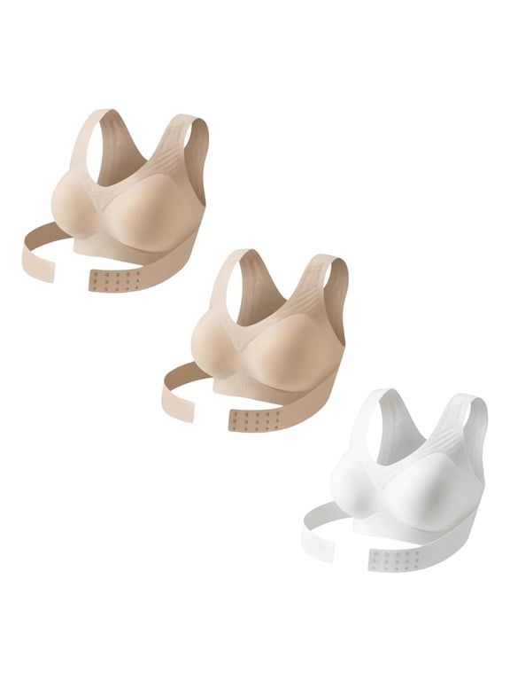 3 Pack Cross Back Jelly Lift Support Bra for Older Women, Front Closure Wireless Full Coverage Seamless Posture Bralette, Posture Corrector Underwear for Sagging Breasts, Soft Breathable Brassiere