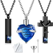 HEARBEINGT 3 Pack Cross & Heart & Bar Urn Cremation Jewelry Crystal Urn Necklace for Ashes Crystal Memorial Locket Ashes Pendant Family Keepsake