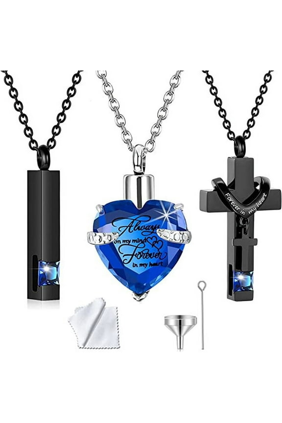 3 Pack Cross & Heart & Bar Urn Cremation Jewelry Crystal Urn Necklace for Ashes Crystal Memorial Locket Ashes Pendant Family Keepsake