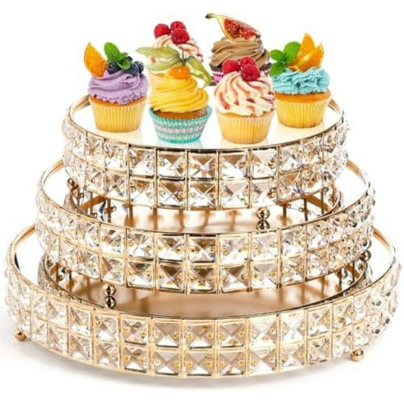 3 Pack Crystal Cake Display Stand with Mirror, 14" 12" 10" Metal Pedestal Gold Round Cake Plate Stand, Dessert Cookies Fruit Serving Tray with Shining Crystal Beads for Wedding, Birthday Party