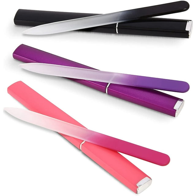3 Pack Crystal Glass Nail File with Case, Glass Fingernail File for