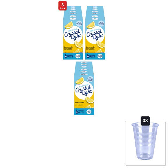 3 Pack | Crystal Light Drink Mix, 120 Packets, For Convenient Flavorful Hydration, Lemonade Natural Flavor With Other Natural Flavor, Zero Sugar, 0.14 Oz & 3x 16oz Plastic Cup with Strawless Sip-Lid