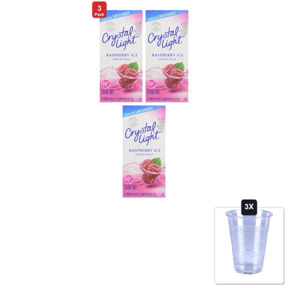 3 Pack | Crystal Light Sugar-Free Raspberry Ice On-The-Go Powdered Drink Mix 1 Box Of 10 Packets & 3x 16oz Plastic Cup with Strawless Sip-Lid