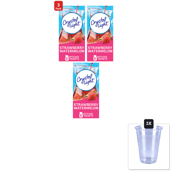 3 Pack | Crystal Light Sugar-Free Strawberry Watermelon Low Calories Powdered Drink Mix 6 Count Pitcher Packets & 3x 16oz Plastic Cup with Strawless Sip-Lid