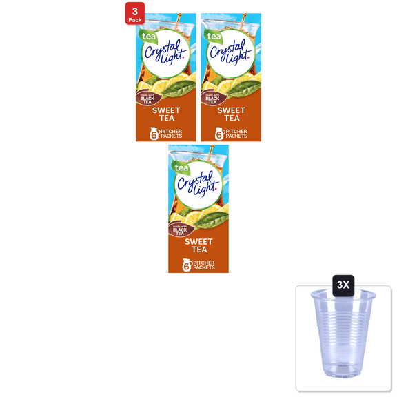 3 Pack | Crystal Light Sweet Tea Naturally Flavored Powdered Drink Mix, 6 Ct Pitcher Packets & 3x 16oz Plastic Cup with Strawless Sip-Lid