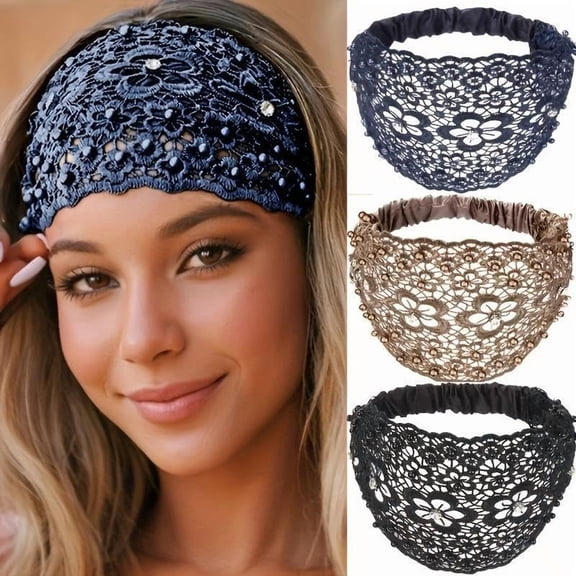 3-Pack Crystal & Pearl Embellished Wide Headbands for Women - Bohemian Style Hair Accessories for Wedding, Vacation, Party & Daily Wear-dh