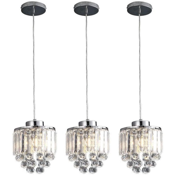 3 Pack Crystal Pendant Light, Modern Mini Chandelier Ceiling Hanging Lighting Fixture with Adjustable Cord for Kitchen Island Living Room Dining Room (Clear)