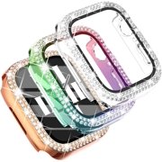 3-Pack Crystal Rhinestone Bumper Case Compatible with Apple Watch Series 6 5 4 3 2 1 SE Screen Protector with Tempered Glass Bling Face Cover Sparkling Frame(38mm, Rosegold/Rainbow/Clear)