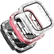 3-Pack Crystal Rhinestone Bumper Case Compatible with Apple Watch Series 6 5 4 3 2 1 SE Screen Protector with Tempered Glass Bling Face Cover Sparkling Frame(38mm, Black/Pink/Clear)