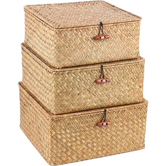 3 Pack Cube Seagrass Storage Bins with Lids, Rattan Woven Decorative Storage Boxes, Wicker Storage Baskets for Shelves, Storage Containers for Organizing, Clothes and Hobby Things